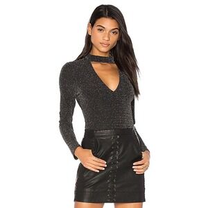 JOA Black Sparkle Long Sleeve Choker V Neck Bodysuit Women's Medium